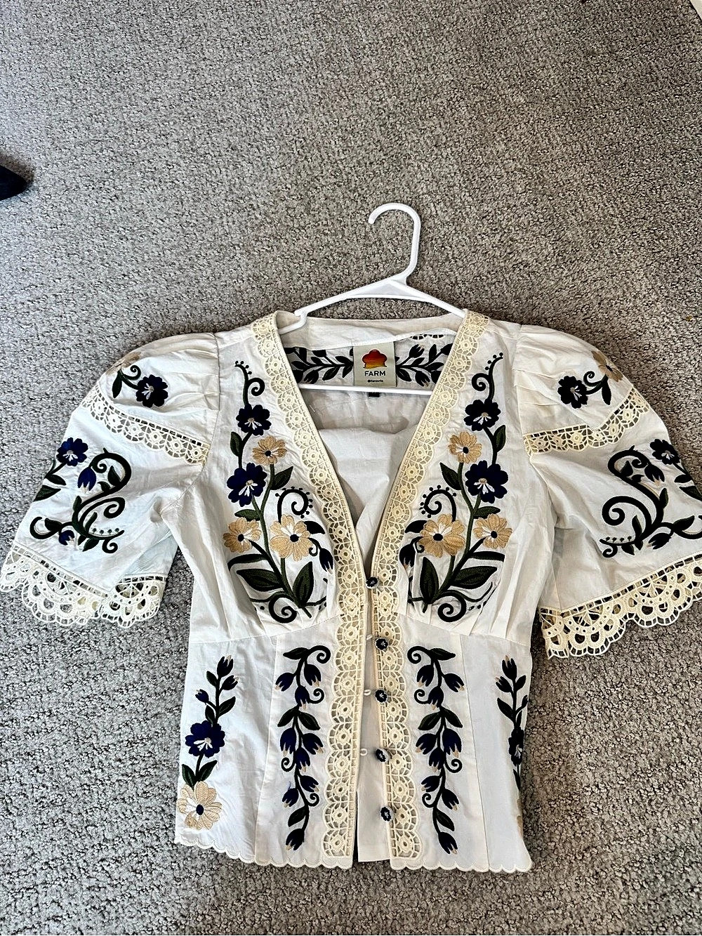 Farm Rio Off-White Flower Embroidery Puff Sleeve Blouse XS